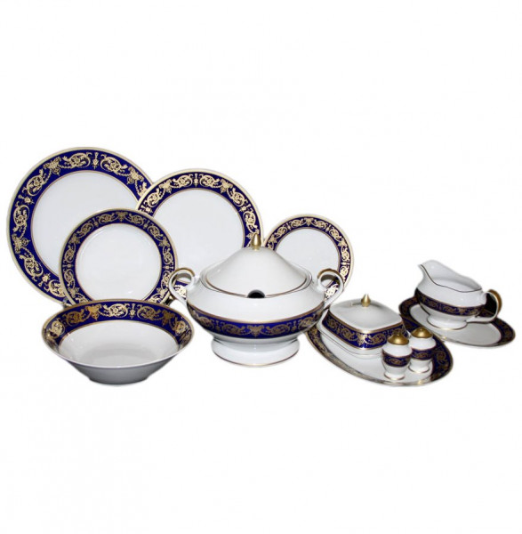 Столовый сервиз на 6 персон 27 предметов  Bavarian Porcelain &quot;Александрия /Золотой узор на синем&quot; / 070717