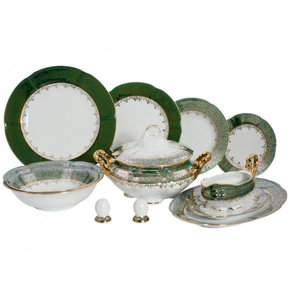 Столовый сервиз на 6 персон 27 предметов  Royal Czech Porcelain &quot;Болеро /Зелёный /Золотые листики&quot;  / 204932