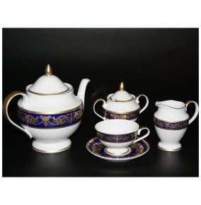 Чайный сервиз на 6 персон 15 предметов  Bavarian Porcelain "Александрия /Золотой узор на синем" / 070719