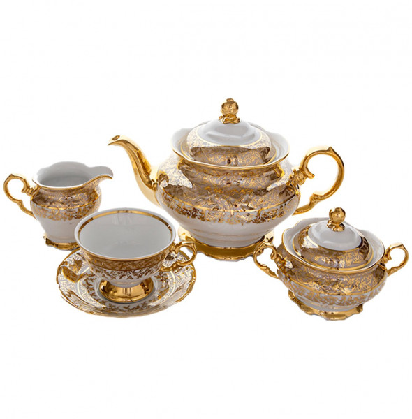 Чайный сервиз на 6 персон 15 предметов  МаМ декор &quot;Фредерика /Золотые листики на бежевом&quot; / 001874