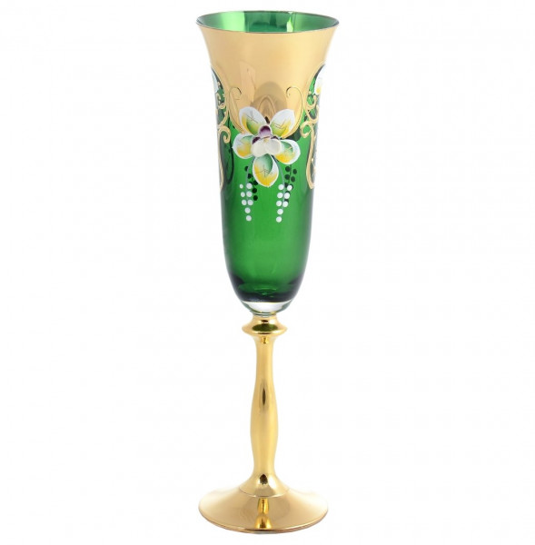 Бокалы для шампанского 190 мл 6 шт  Bohemia &quot;Анжела /Лепка зелёная /AS Crystal&quot; золотая ножка / 148279