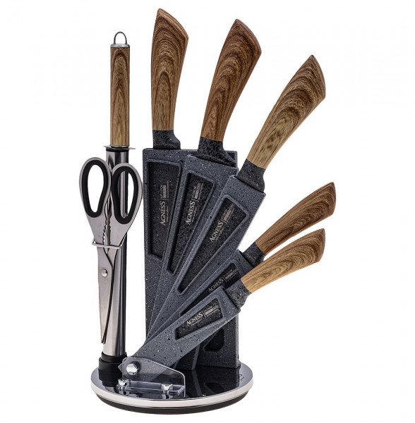 Набор кухонных ножей 6 предметов /ножницы, мусат /пластиковая подставка /коричневые ручки &quot;Agness&quot; / 195926
