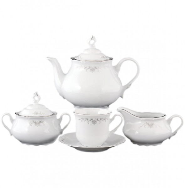 Чайный сервиз на 6 персон 15 предметов  Thun &quot;Констанция /Серый орнамент /отводка платина&quot; (чашка 230 мл) / 006303