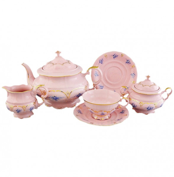 Чайный сервиз на 6 персон 15 предметов  Leander &quot;Соната /Голубой цветок&quot; розовый / 158063