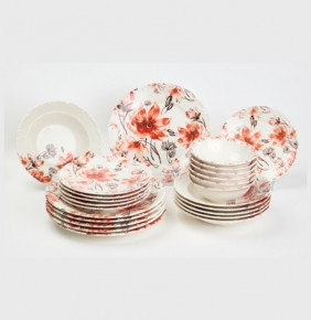 Набор тарелок 24 предмета на 6 персон  O.M.S. Collection "TULU /Цветы красно-коричневые" микс с углублением / 298325