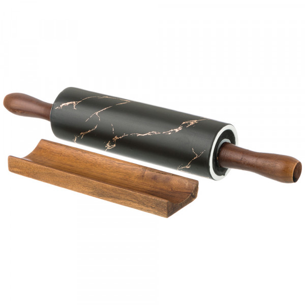 Скалка 40,6 х 6,5 х 6,5 см с деревянными ручками на подставке  LEFARD &quot;Золотой мрамор /Черная&quot; / 208507
