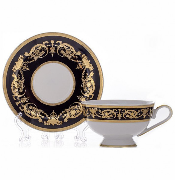 Набор чайных пар 200 мл 6 шт  Bavarian Porcelain &quot;Александрия /Золотой узор на чёрном&quot; / 070320