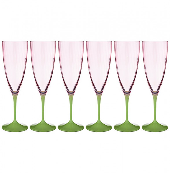 Бокалы для шампанского 220 мл 6 шт розовые  Crystalex CZ s.r.o. &quot;Кейт /Оптика /D5097&quot; зелёная ножка / 170354