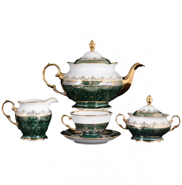 Чайный сервиз на 6 персон 15 предметов  Royal Czech Porcelain &quot;Фредерика /Зелёная /Золотые листики&quot; / 086865