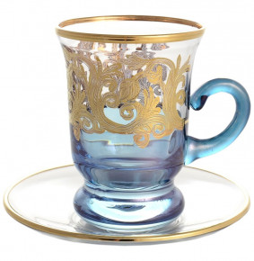 Набор чайных пар 150 мл 6 шт  RCR Cristalleria Italiana SpA "Timon /Золотые побеги" синее дно / 128309