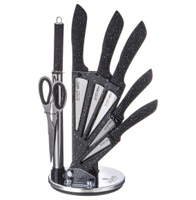 Набор кухонных ножей 8 предметов с ножницами и мусатом на пластиковой подставке серые Agness / 341632