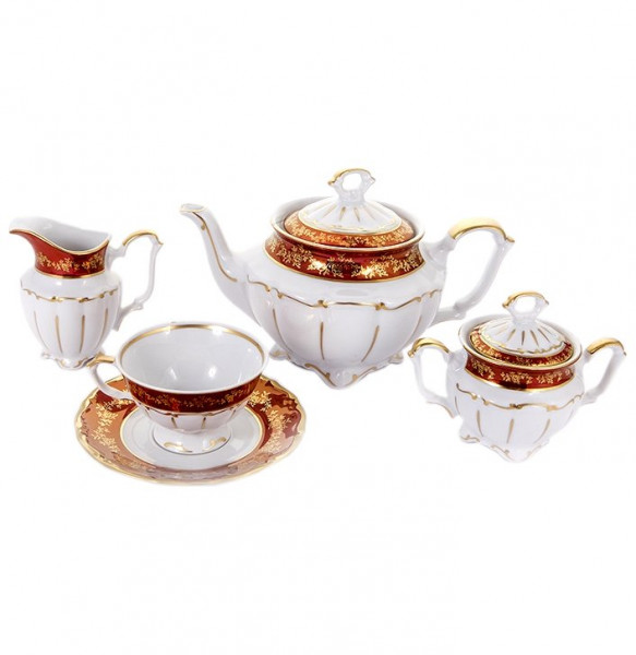 Чайный сервиз на 6 персон 15 предметов  Bavarian Porcelain &quot;Мария-Тереза /Барокко Красный&quot; / 133763