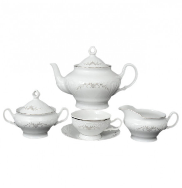Чайный сервиз на 6 персон 15 предметов низкая чашка  Bohemia Porcelan Moritz Zdekauer 1810 s.r.o. &quot;Лиана /Серый орнамент /отводка платина&quot; / 051019