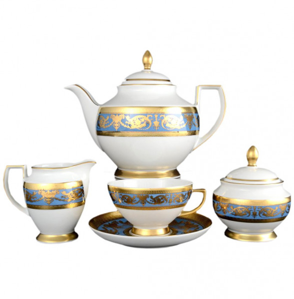 Чайный сервиз на 6 персон 15 предметов  Falkenporzellan &quot;Констанц /Императорское золото /на голубом&quot; / 033219