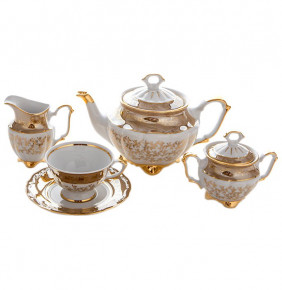 Чайный сервиз на 6 персон 15 предметов  Bavarian Porcelain "Мария-Тереза /Бежевая /Золотые листики" / 085291