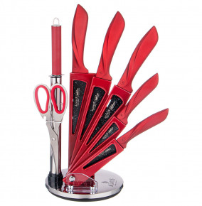 Набор кухонных ножей 8 предметов с ножницами и мусатом на пластиковой подставке / 296247