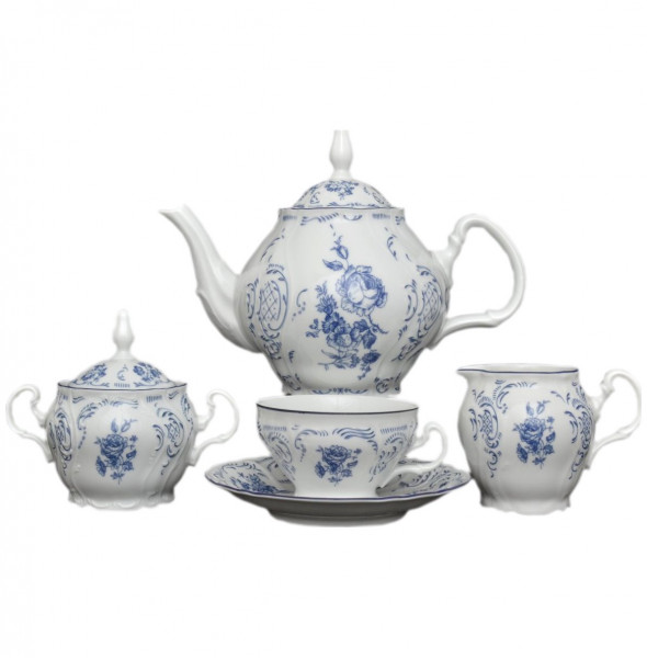 Чайный сервиз на 6 персон 15 предметов  Thun &quot;Бернадотт /Синие розы&quot; (чашка 220 мл, блюдце 15 см) / 030454