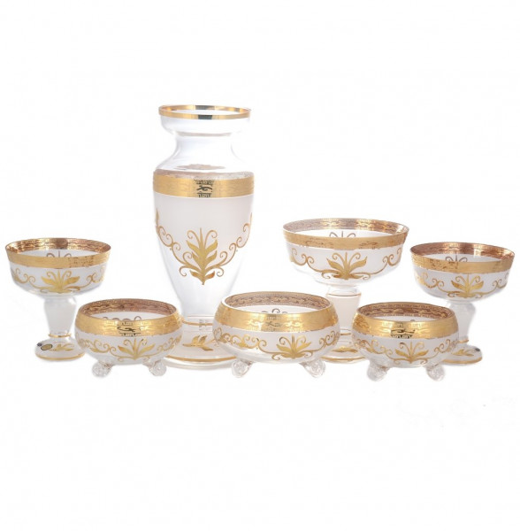 Набор конфетниц с вазой для цветов 7 предметов белые  Star Crystal &quot;Лепка /Антик золото /Золотые листья&quot; SC / 140559