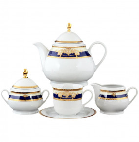Чайный сервиз на 6 персон 15 предметов  Thun "Яна /Синяя полоса с золотым вензелем" / 050079