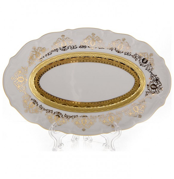 Блюдо 23 см овальное (селёдочница)  Bavarian Porcelain &quot;Мария-Тереза /Белая /Золотой орнамент с лентой&quot; / 103897