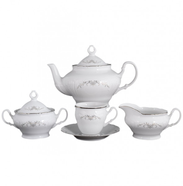 Чайный сервиз на 6 персон 15 предметов высокая чашка  Bohemia Porcelan Moritz Zdekauer 1810 s.r.o. &quot;Лиана /Серый орнамент /отводка платина&quot; / 087849
