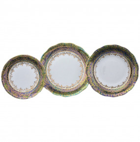 Набор тарелок 18 предметов (19, 23, 25 см)  Royal Czech Porcelain "Фредерика /Зелёная /Золотые листики" / 097512