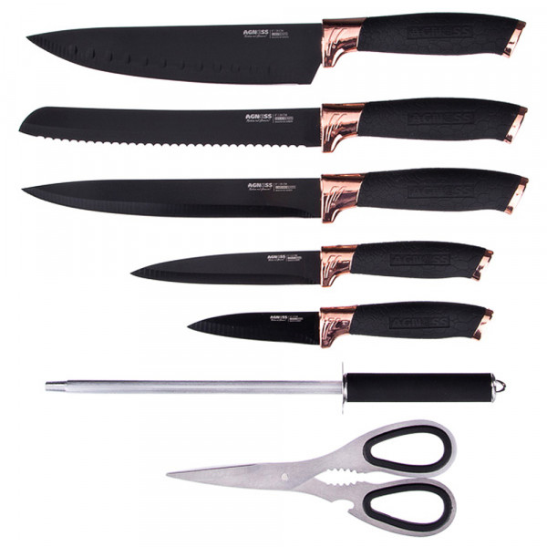 Набор кухонных ножей 8 предметов /пластиковая подставка /чёрные силиконовые ручки &quot;Agness&quot; / 195921
